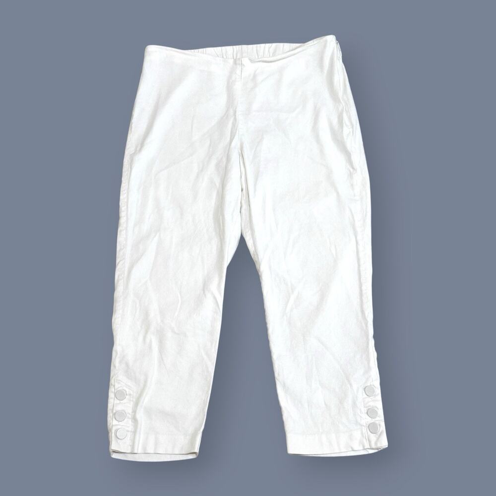 J Jill Linen Stretch Pants Size M Petite White Cropped Button Ankles Side Zip